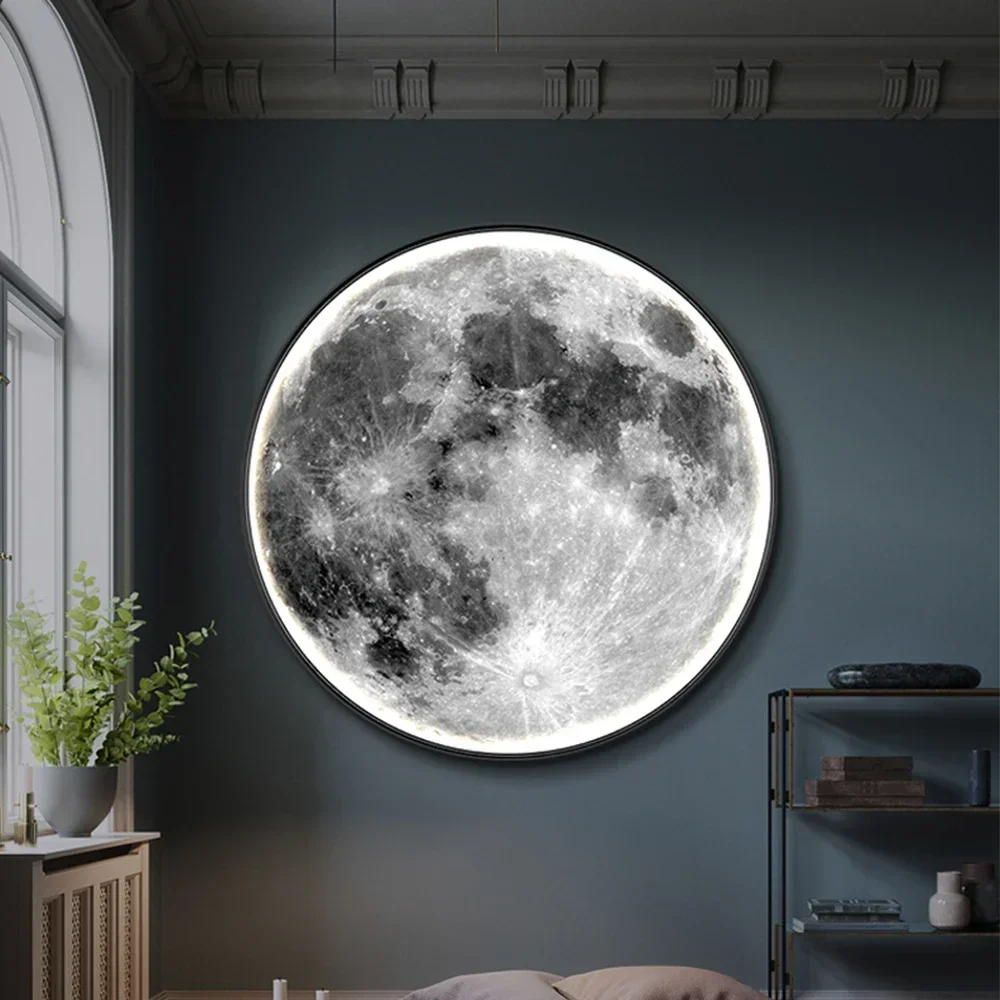 Light Luxury Modern Style Gray Moon Circular Porch Led Decoration Painting Luminous Light Painting Light Corridor End Mural