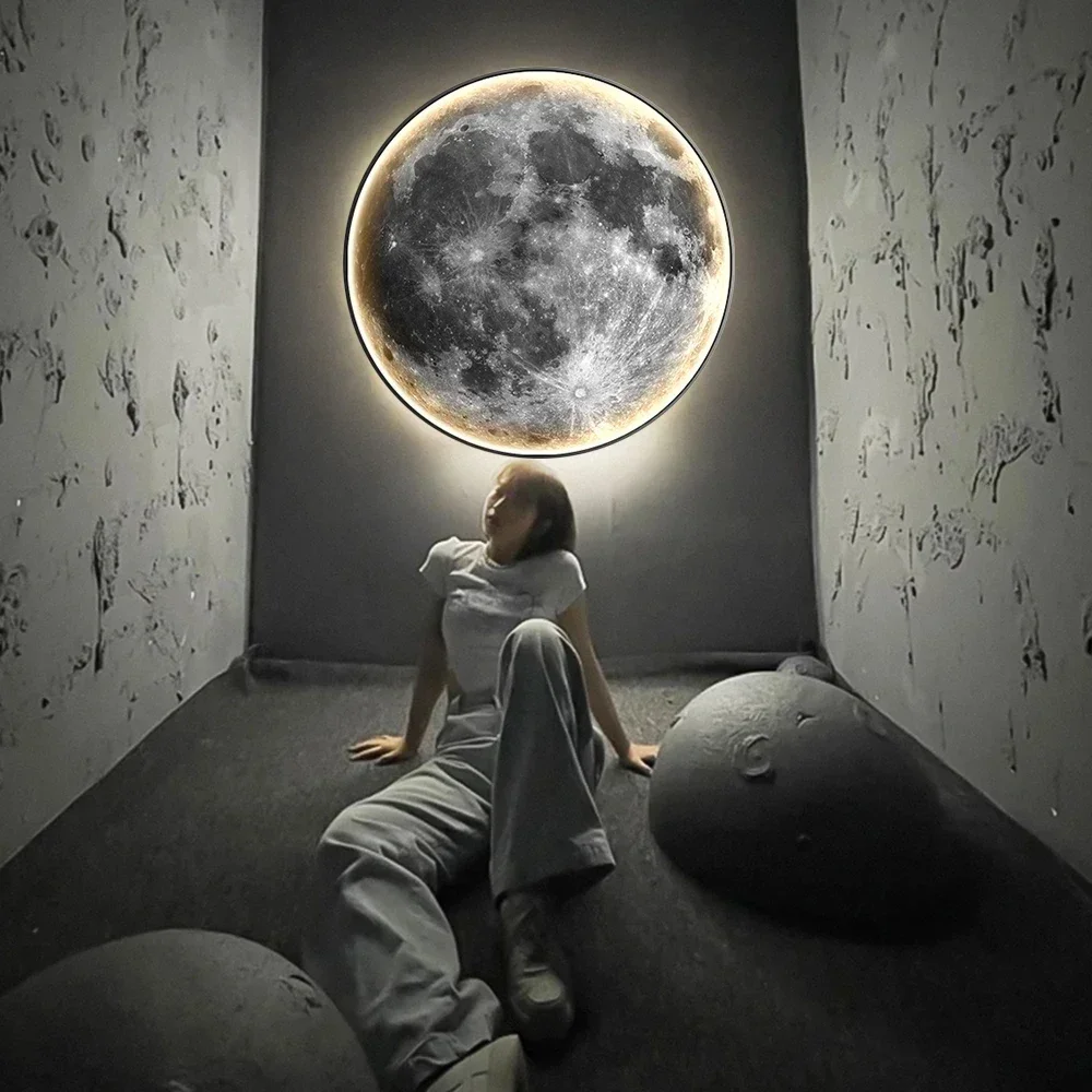 Light Luxury Modern Style Gray Moon Circular Porch Led Decoration Painting Luminous Light Painting Light Corridor End Mural