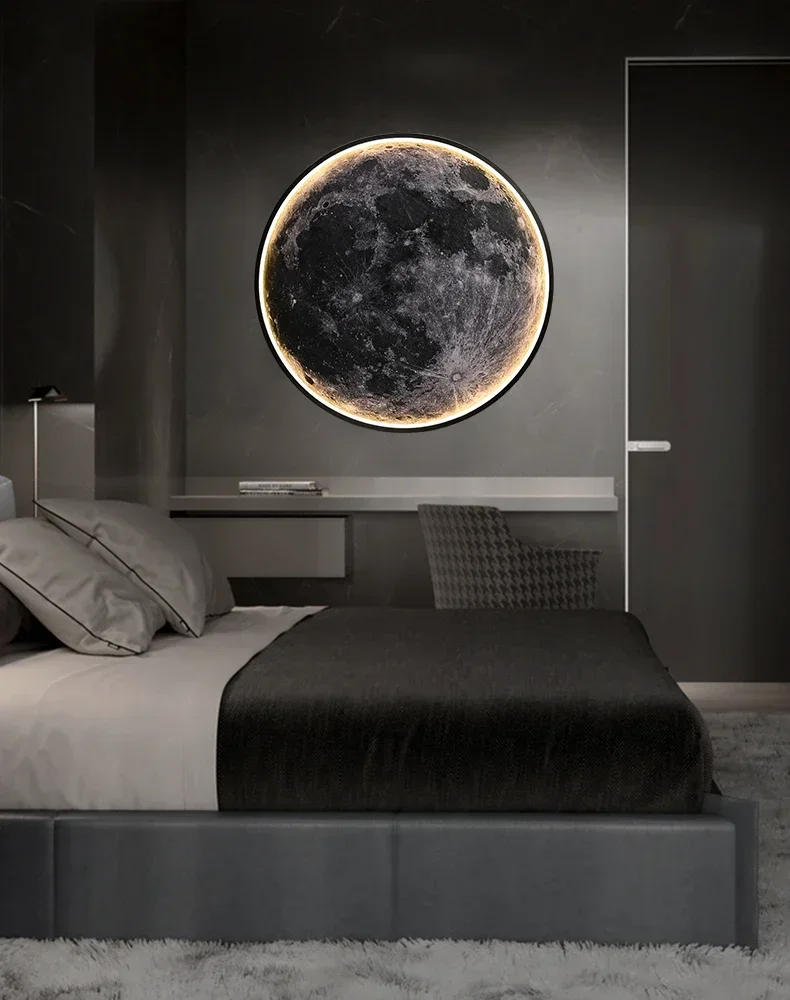 Light Luxury Modern Style Gray Moon Circular Porch Led Decoration Painting Luminous Light Painting Light Corridor End Mural