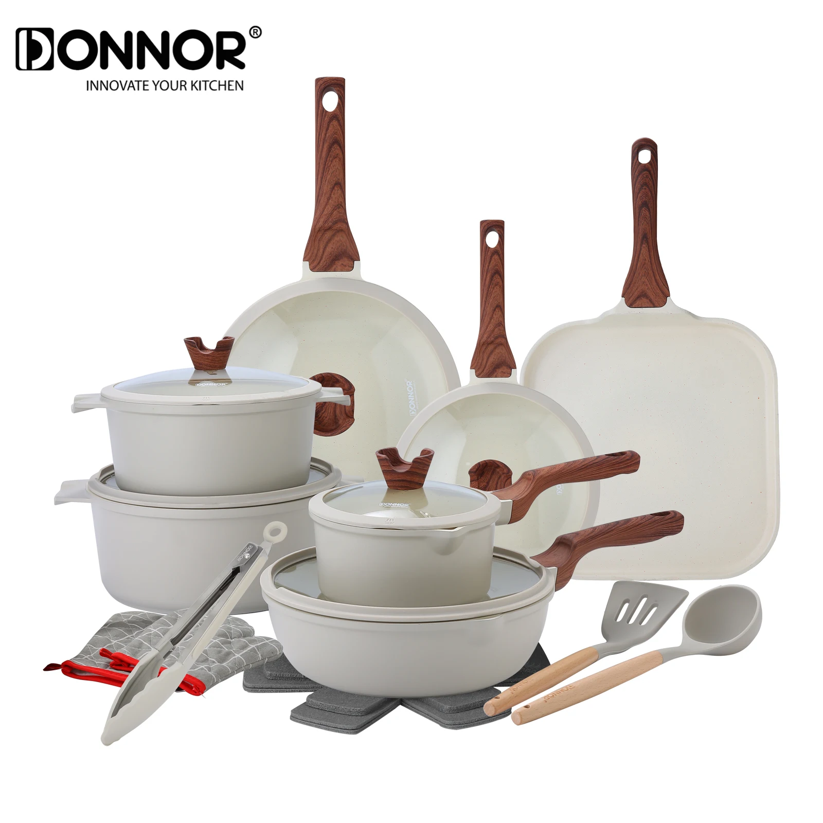 DONNOR21piece Pot Set,Non Stick and Non Toxic Granite Kitchen Cookware Set,Induction Cooker Compatible,Frying Pan with Glass Lid