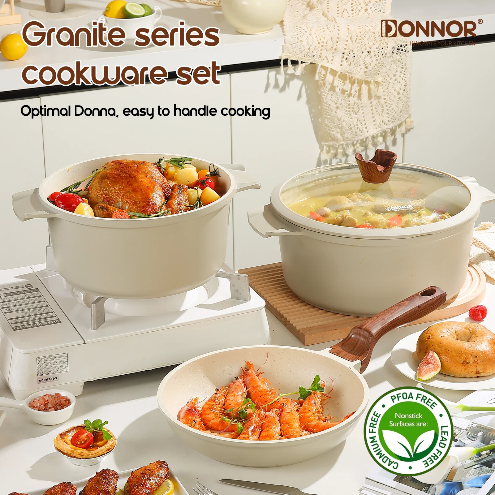 DONNOR21piece Pot Set,Non Stick and Non Toxic Granite Kitchen Cookware Set,Induction Cooker Compatible,Frying Pan with Glass Lid