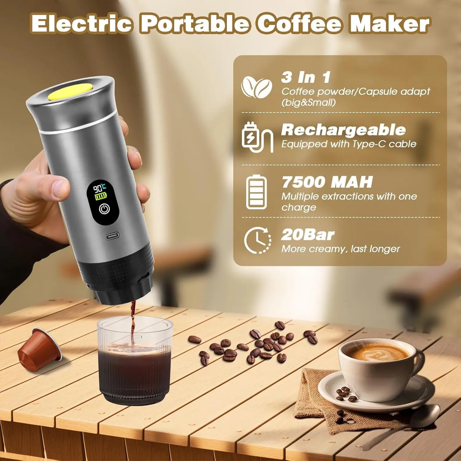 3-in-1 Portable Wireless Coffee Machine for Travel Mini Coffee Machine Compatible with Nespresso for Car & Home Coffee Maker